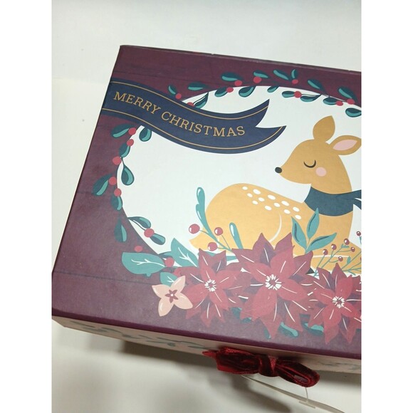 Merry Christmas Gift Box Hook And Loop Closure Velvet Bow Deer Poinsettia - Picture 2 of 12